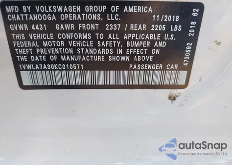2019 Volkswagen Passat 2.0T Wolfsburg Edition from USA, damaged, VIN 1VWLA7A30KC010571